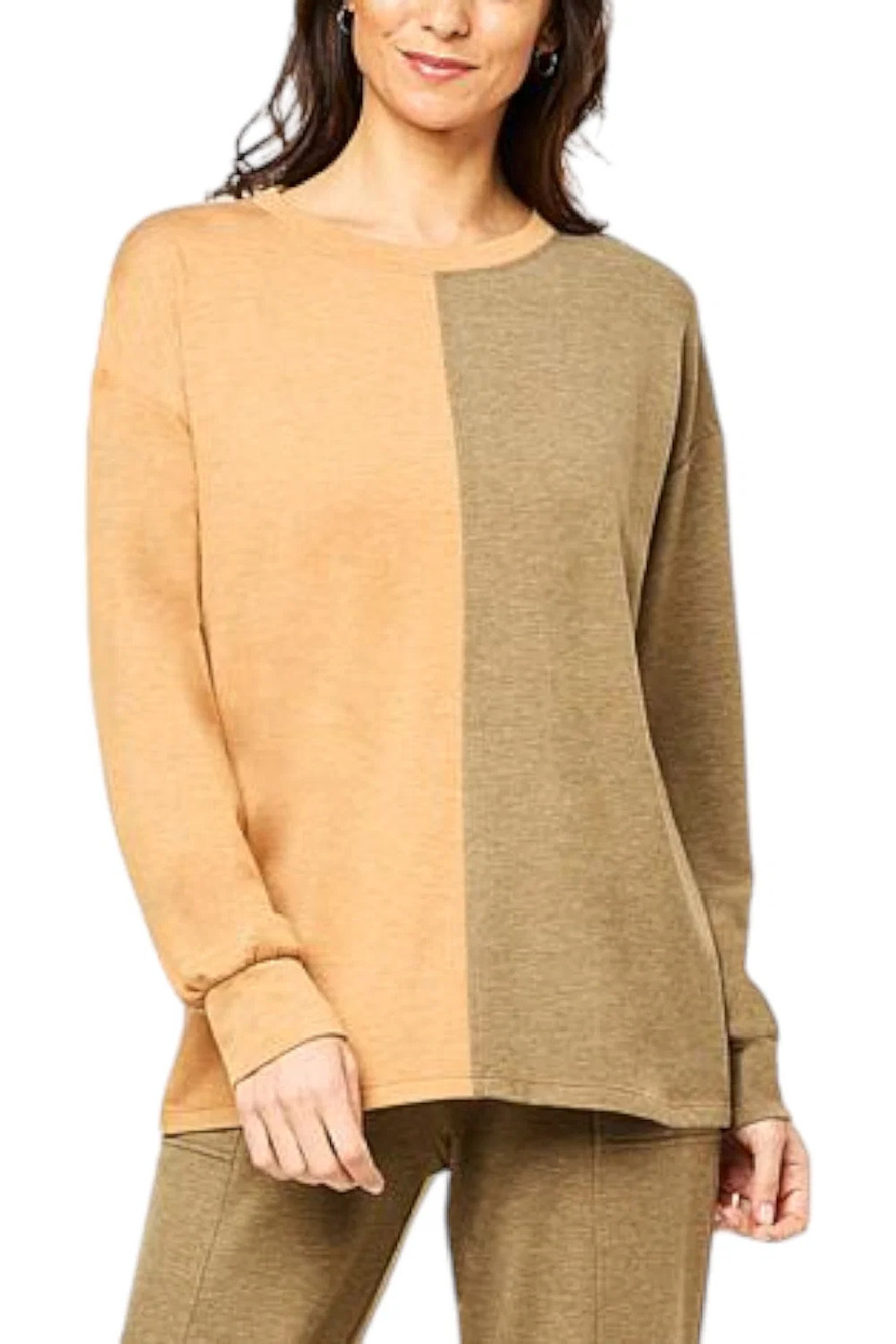 Comfort Code By Cuddl Duds Color Block Top Green/Orange - Regular